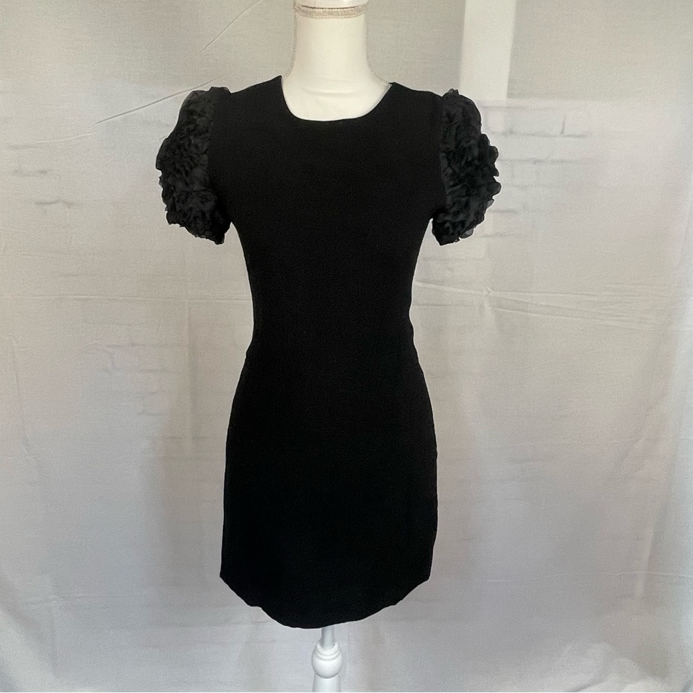Adele Korea Black Satin Soutache Puff Sleeve Dress LBD S